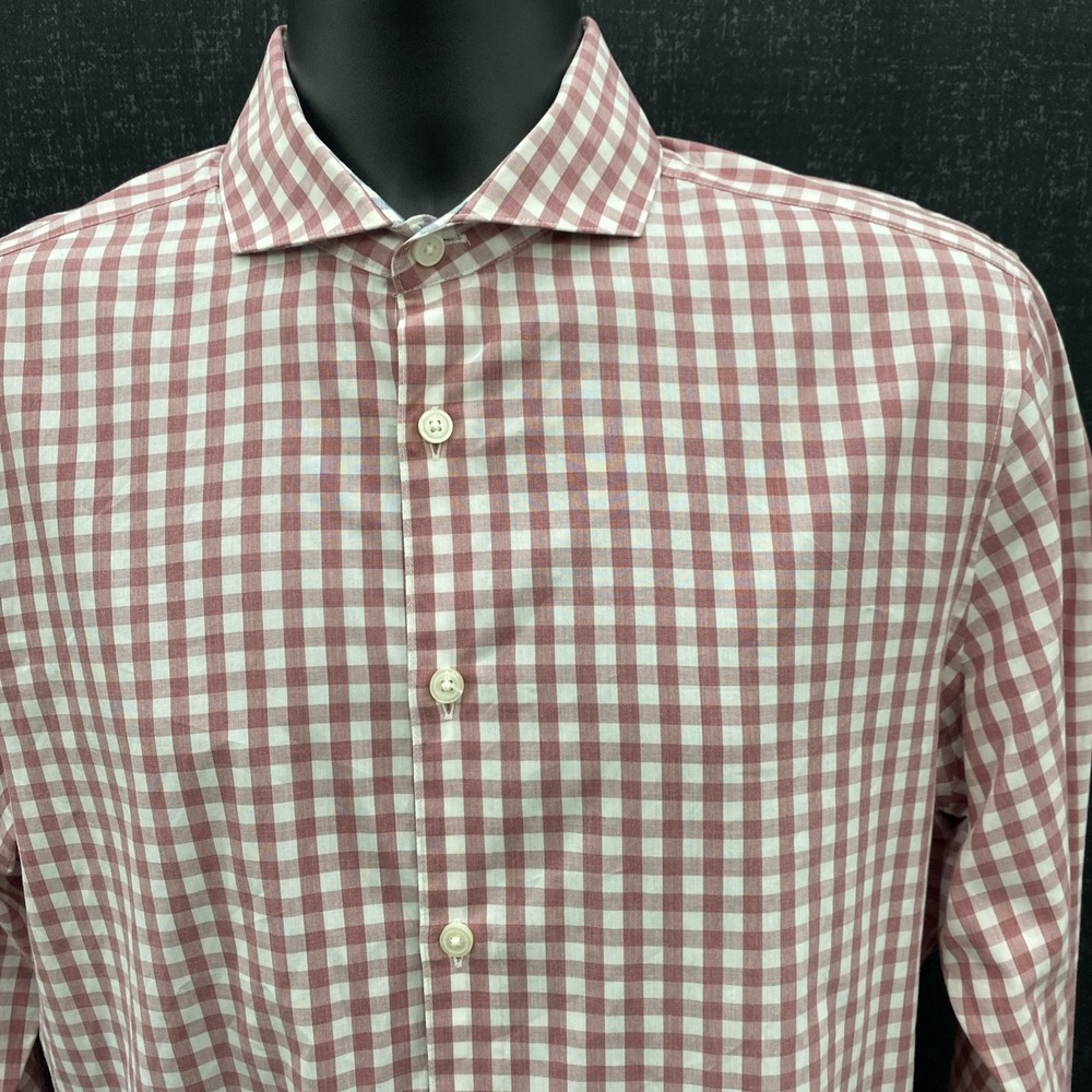 TM Lewin Shirt Mens Medium Red‎ Check Button Up Business Casual Peached Melange